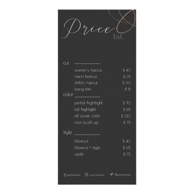 Black & White Beauty Salon Price List Rack Card (Front)