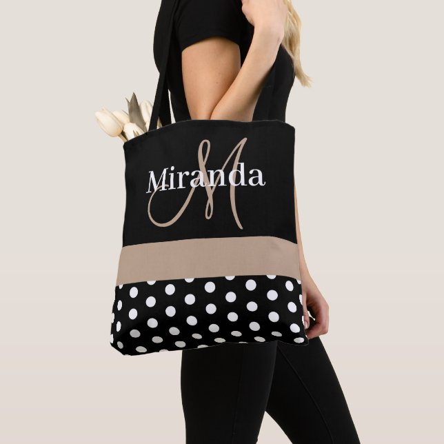 Black White Beige Monogram Script Polka Dots Tote Bag (Close Up)