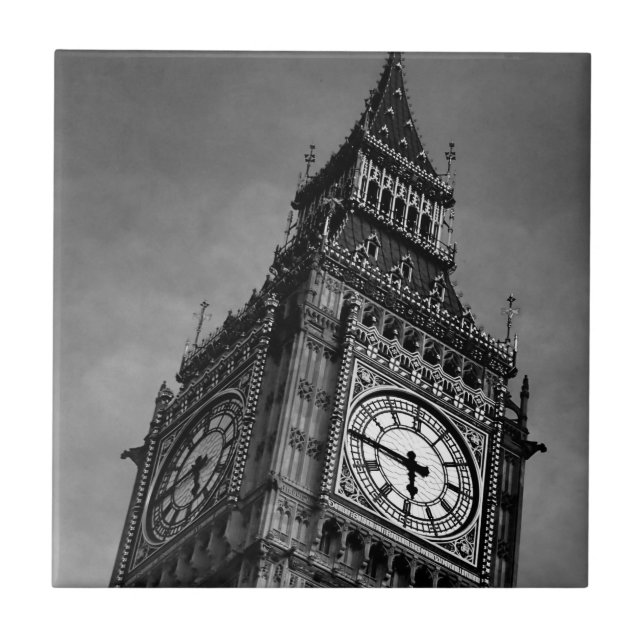 Black & White Big Ben Clock Tower Tile (Front)