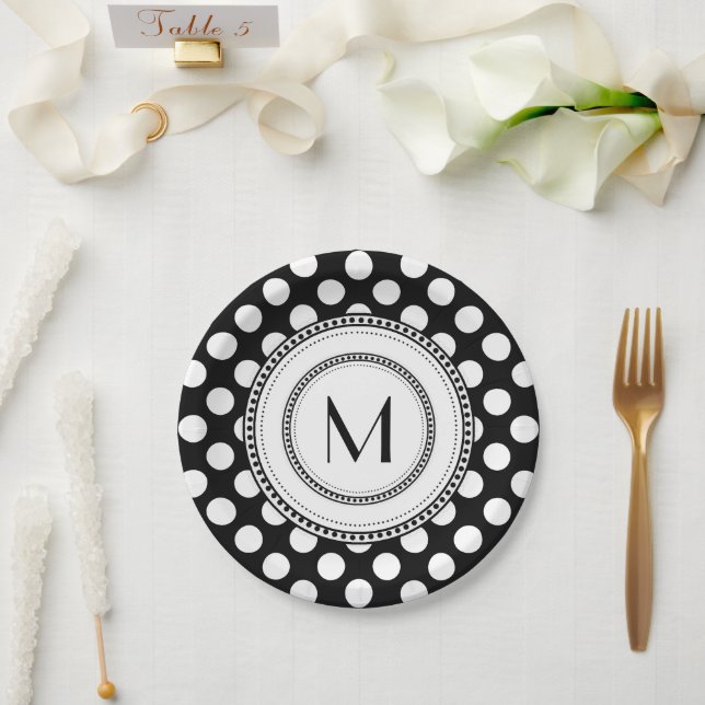 Black | White Big Polka Dots Monogram Paper Plate (Wedding)