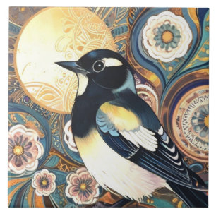 Black & White Bird Art Deco Nouveau Flower Floral Tile