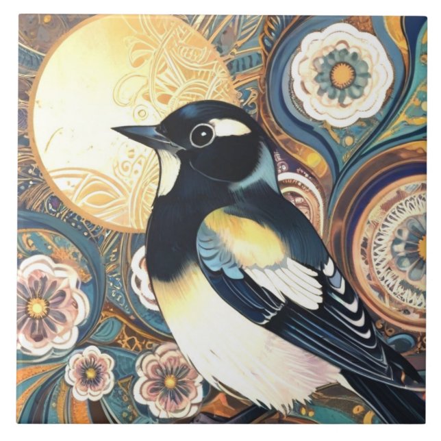 Black & White Bird Art Deco Nouveau Flower Floral Tile (Front)