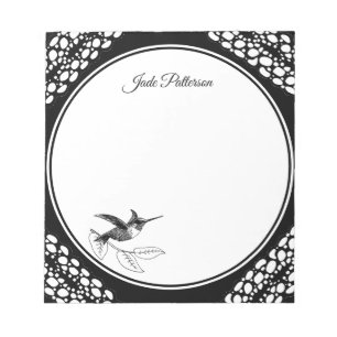 Black & White Bird Circle Frame Name Template Notepad
