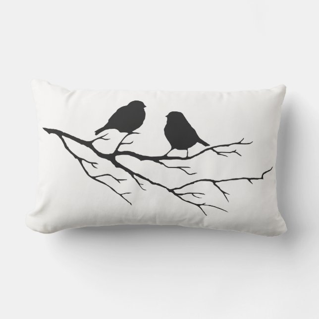 Black & White Bird on Branch Silhouette Outdoor Cushion (Front)
