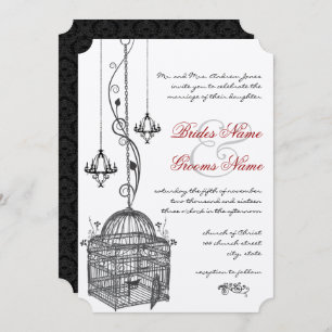 Black White Birdcage Chandelier Red Accent Wedding Invitation