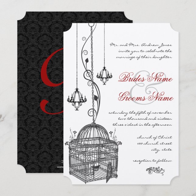 Black White Birdcage Chandelier Red Accent Wedding Invitation (Front/Back)