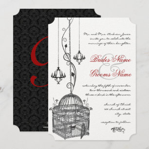 Black White Birdcage Chandelier Red Accent Wedding Invitation