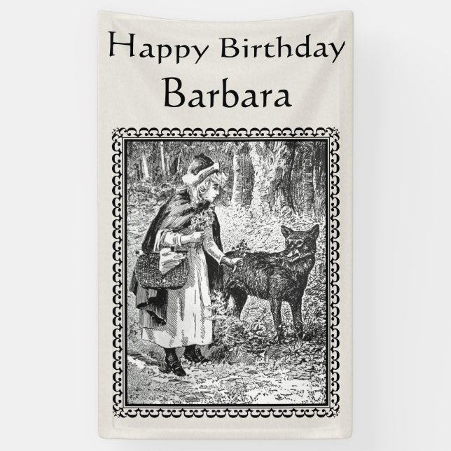 Black White Birthday Drawing Red Riding Hood Wolf Banner (Vertical)