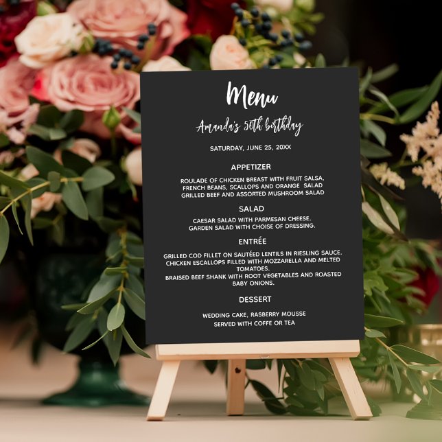 Black white birthday party dinner menu (Creator Uploaded)
