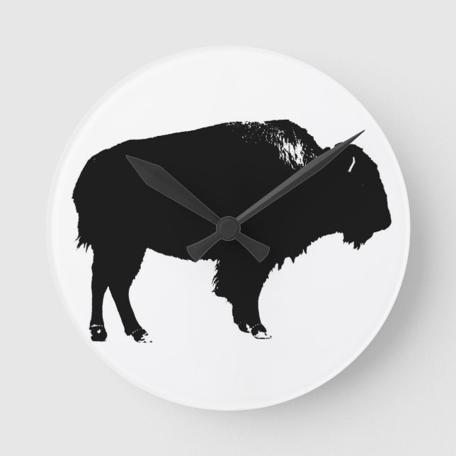 Black & White Bison Buffalo Silhouette Pop Art Round Clock (Front)