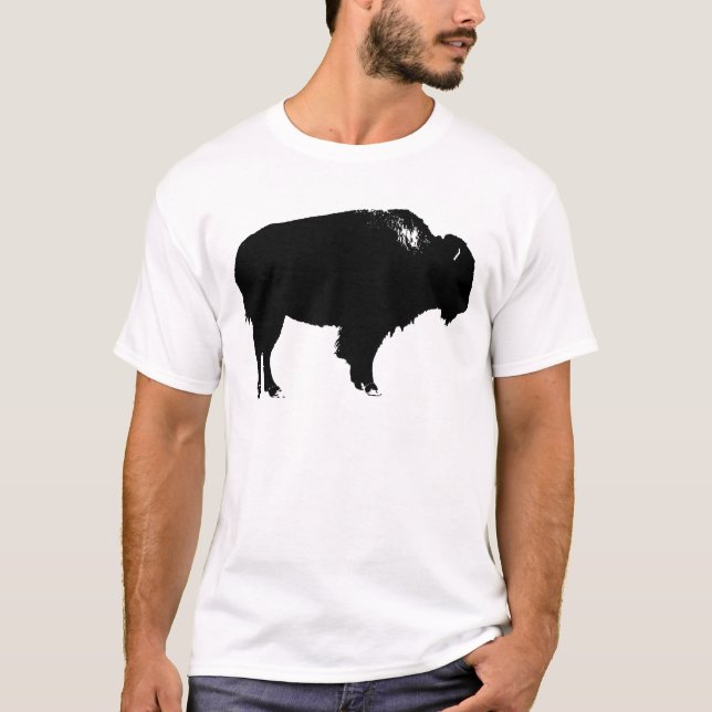 Black & White Bison Buffalo Silhouette Pop Art T-Shirt (Front)