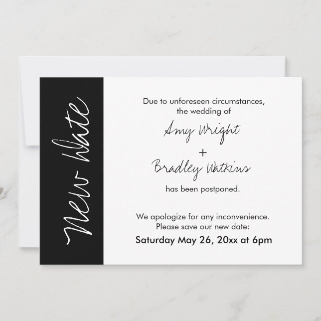 Black White Block New Date Postponed Wedding Card (Front)