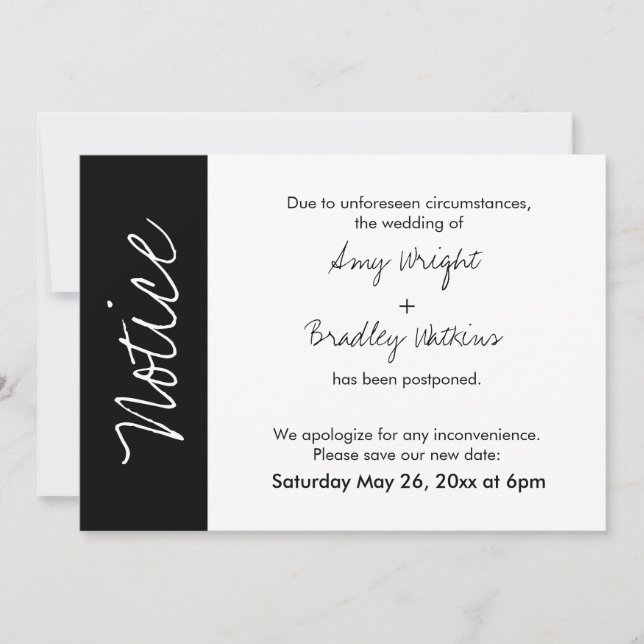 Black White Block "Notice" Postponed Wedding Card (Front)
