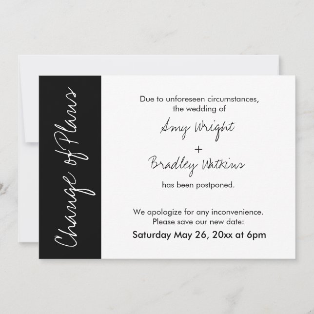 Black White Block Postponed Wedding Card (Front)