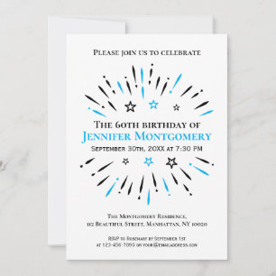 Black White Blue 60th Birthday Party Fireworks Invitation