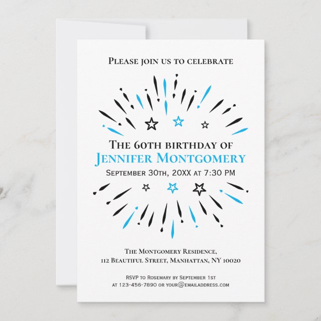 Black White Blue 60th Birthday Party Fireworks Invitation (Front)