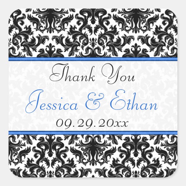 Black White Blue Damask 1.5" Wedding Favour Sticke Square Sticker (Front)