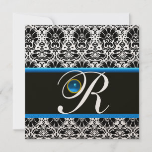BLACK WHITE BLUE DAMASK MONOGRAM Sapphire Gold Invitation