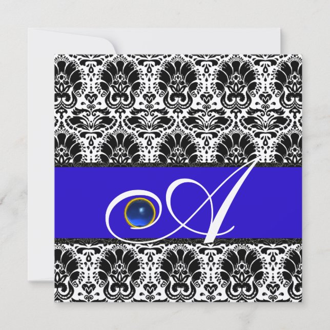 BLACK WHITE BLUE DAMASK MONOGRAM Sapphire Gold Invitation (Front)
