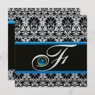 BLACK WHITE BLUE DAMASK MONOGRAM Sapphire Silver Invitation