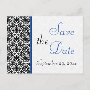 Black, White, Blue Damask Save the Date Postcard