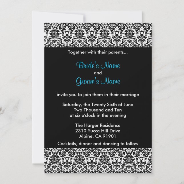 Black/White/Blue Damask Wedding Invitation (Front)