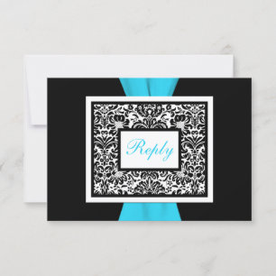 Black, White, Blue Damask with FAUX Ribbon RSVP Card