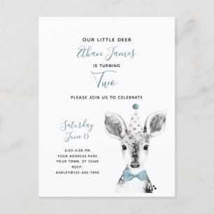 Black & White Blue Deer Boy 2nd Birthday Invitation Postcard
