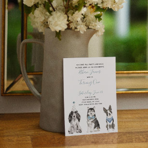 Black White Blue Dog Boy's 1st Birthday Party Invitation