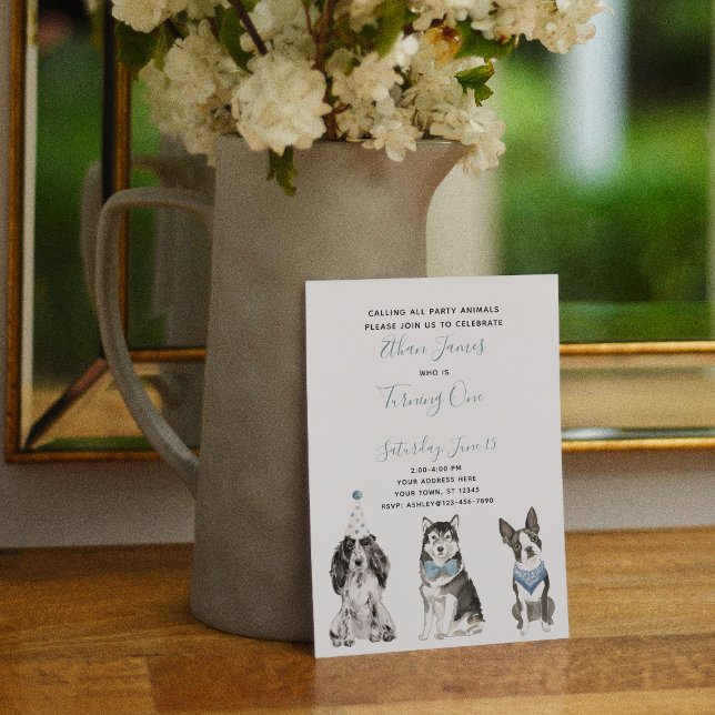 Black White Blue Dog Boy's 1st Birthday Party Invitation (Creator Uploaded)