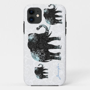 Black White & Blue Floral Elephants & Damasks iPhone 11 Case