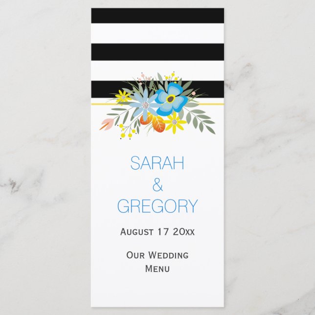Black white blue flowers modern wedding menu card (Front)