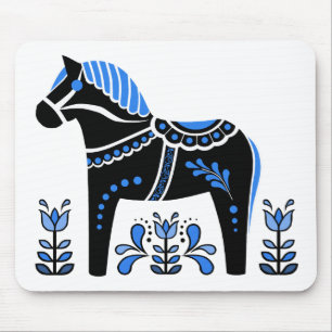 Black/white/blue Folk Dala horse/Folk Friesian Mouse Mat