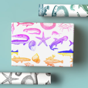 Black & White, Blue Green & Rainbow Sea Creatures Wrapping Paper Sheet