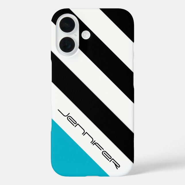 Black, White, Blue Modern Stripe, Name Case-Mate iPhone Case (Back)