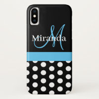 Black White Blue Monogram Script Polka Dots