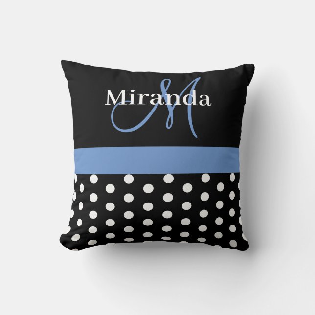 Black White Blue Monogram Script Polka Dots Cushion (Front)
