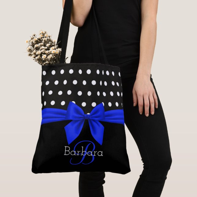 Black White Blue Monogram Script Polka Dots Modern Tote Bag (Close Up)