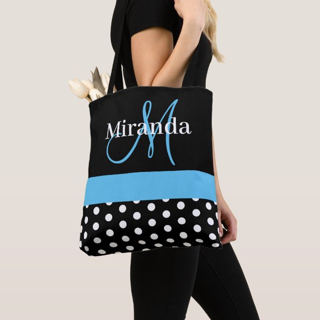 Black White Blue Monogram Script Polka Dots Tote Bag (Close Up)