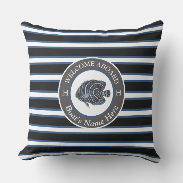 Black White Blue Nautical Boat Name Fish Welcome Cushion (Front)