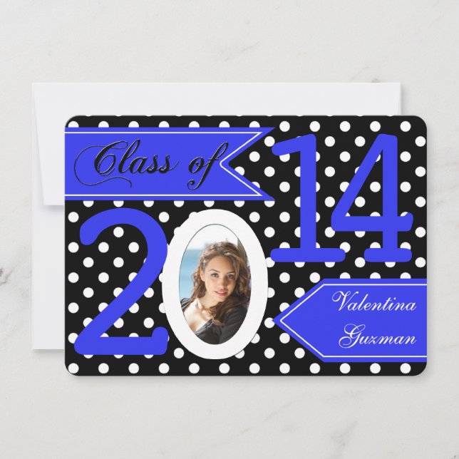 Black White Blue Polka Dot Photo Graduation Invite (Front)