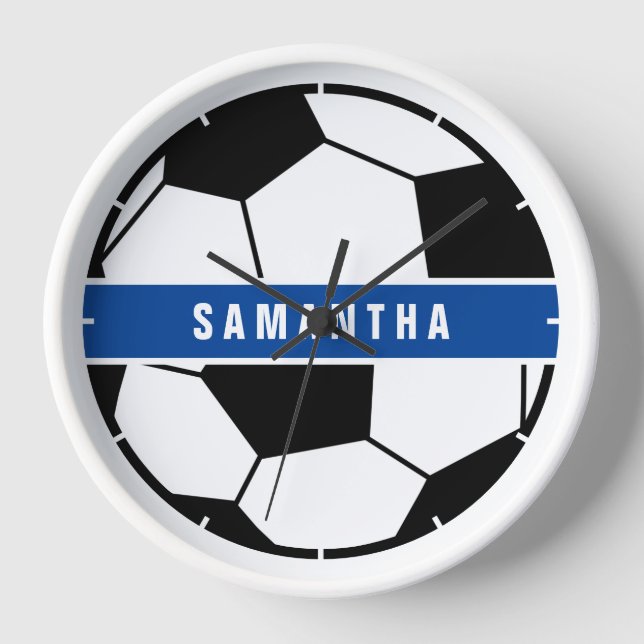 Black White & Blue Soccer Football Sports Monogram Clock (Front)