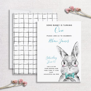 Black & White Blue Some Bunny is One Birthday Invitation