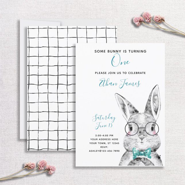 Black & White Blue Some Bunny is One Birthday Invitation (Creator Uploaded)