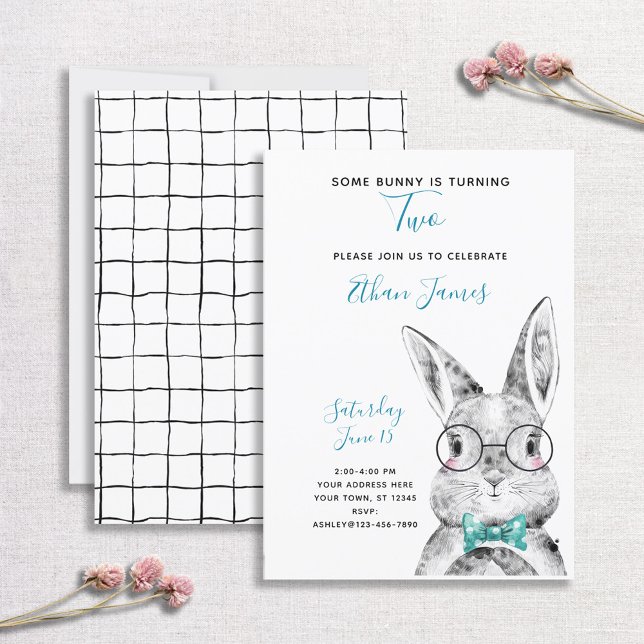 Black & White Blue Some Bunny is Two Birthday Invitation (Creator Uploaded)