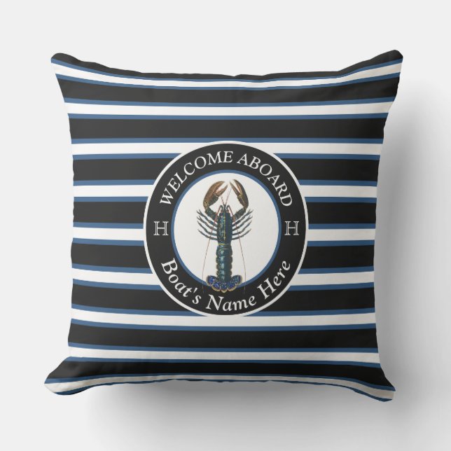 Black White Blue Stripe Boat Name Lobster Welcome Cushion (Front)