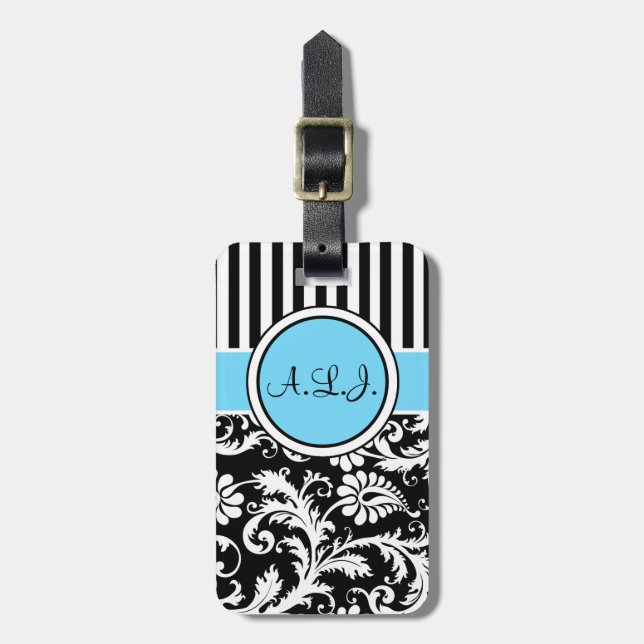 Black, White, Blue Striped Damask Luggage Tag (Front Vertical)