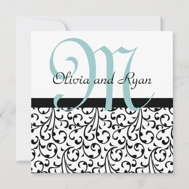 Black White Blue Swirl Damask Wedding Template (Front)
