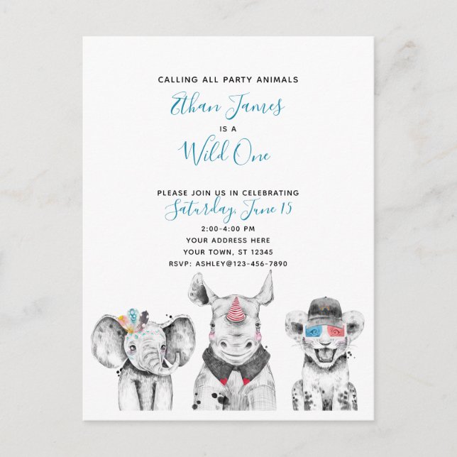 Black White Blue Wild One Boy's Birthday Party Invitation Postcard (Front)