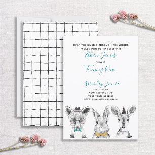 Black White Blue Woodland 1st Birthday Party Invitation